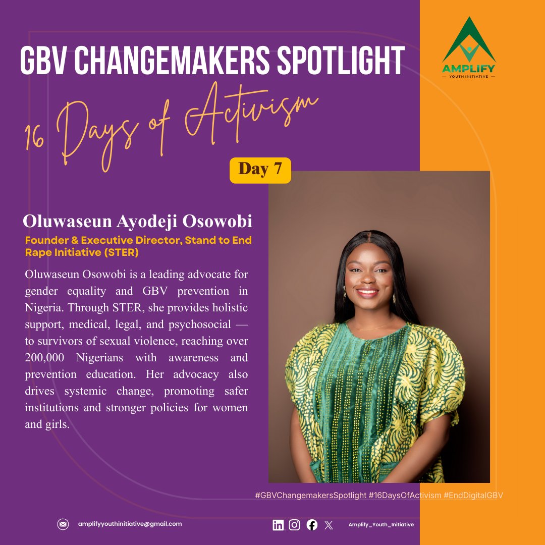 GBV Changemakers Spotlight: Oluwaseun Ayodeji Osowobi <a href="/AyodejiOsowobi/">Oluwaseun Ayodeji Osowobi-Oluwabiyi</a> 

Founder of @STER_NG, She champions GBV prevention in Nigeria, supporting survivors, pushing for legal reforms, and transforming how we respond to sexual violence.
#16DaysOfActivism #EndGBV #GBVChangemakers