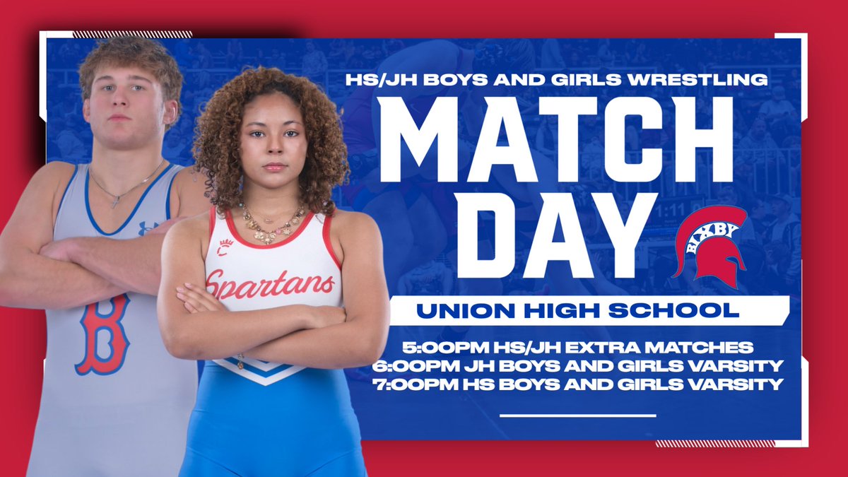 Bixby_Wrestling's tweet photo. 🚨 𝗠𝗔𝗧𝗖𝗛 𝗗𝗔𝗬 🚨

The wait is over! Come get your first look at the 2025-26 Spartans tonight at Union HS!

🆚: Union
🤼‍♀️: HS / JH Boys &amp; Girls Wrestling
🗓️: Tues, Dec 2nd
⏰: 5:00pm Extra Matches
⏰: 6:00pm JH Varsity
⏰: 7:00pm HS Varsity
📍: Union HS Gym

#BixbyBuilt 🔴🔵 https://t.co/cuhse5euty