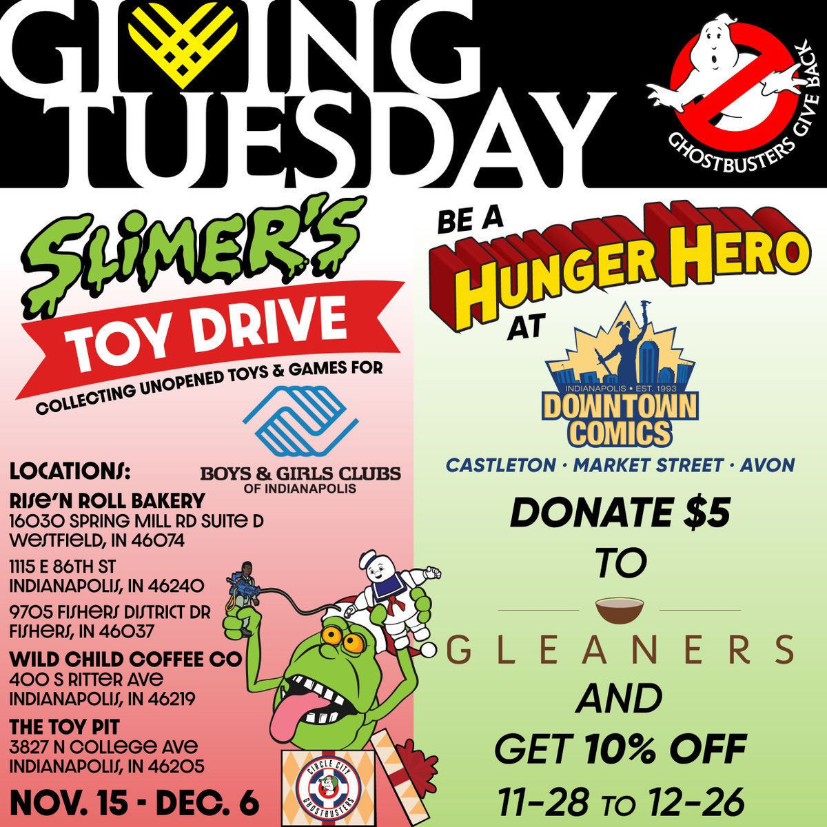 It's #GivingTuesday and your local Ghostbusters know just how to celebrate!

Help out with Slimer's Toy Drive or be a #HungerHero by swinging by these local businesses! 🚫👻

#GhostbustersGiveBack #Ghostbusters #Indianapolis #GhostbustersGiveBack #WhoYaGonnaCall #CircleCityGB
