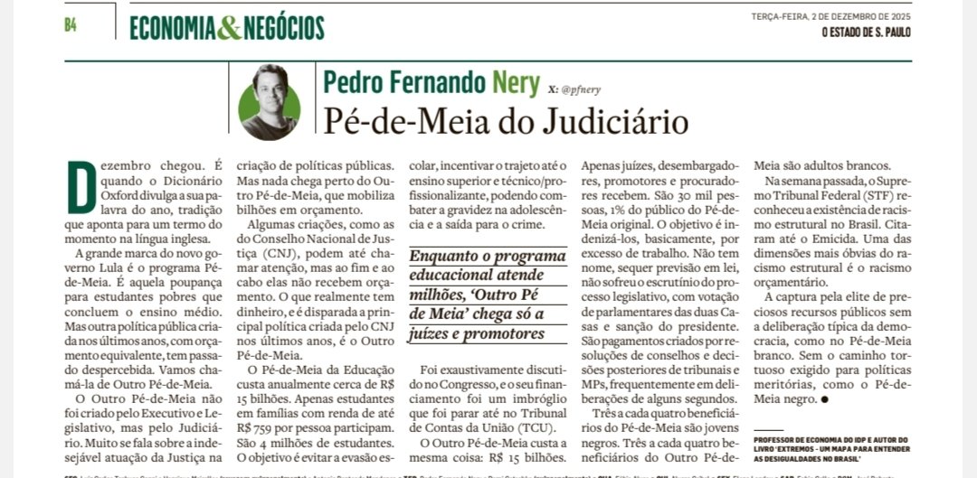 carlosalrms's tweet image. A excelente coluna de @pfnery hj identifica uma das múltiplas facetas do rent– seeking no Brasil. A comparação entre o programa Pé–de– Meia original e o "Pé–de–Meia do Judiciário" em termos de recursos e público alvo é fantástica. 

Para ler e circular.