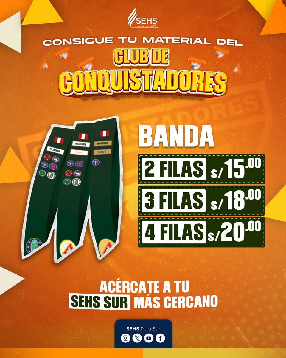 ⛺Equipa a tu Club de Conquistadores con Material Oficial del SEHS Sur 🗺️
🧥Casaca Oficial Conquistadores: ¡Por solo S/112.00!
🔹Chaleco Unisex: S/28.00.
🔸Banda para Insignias: 2 Filas: S/15.00, 3 Filas: S/18.00 y 4 Filas: S/20.00 🗺️
🧑🏻‍💻Central wa.me/51965371454
#SEHS #Sur