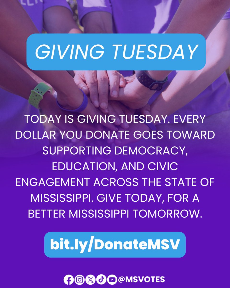 Today is #GivingTuesday!
Every dollar you give supports democracy, education, and civic engagement across Mississippi.
💜 Give today for a better Mississippi tomorrow.
👉 bit.ly/DonateMSV

#msvotes #up2us