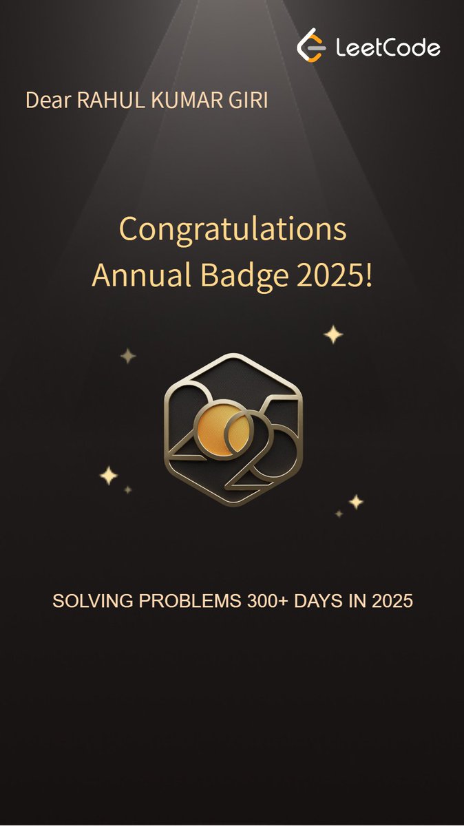 RahulRaj__15's tweet image. Earned my Annual badge for solving 300 DSA problems this year on @LeetCode!  

Not a pro yet, just a learner trying to get better one question at a time  tinyurl.com/arm49kb6 

#LLMs #GenAI #OpenSourceAI #HuggingFace #GPT2 #100DaysOfCode #AIJourney #DSA