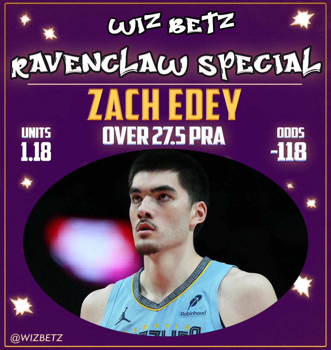 WizBetz's tweet image. WizBetz' Ravenclaw Special Collab🧙‍♂️🐦‍⬛

Zach Edey over 27.5 PRA
(-118 MGM | 1.18 units)

Collab with @101Phellippe 🐦‍⬛

Want to give a massive shoutout to Phellippe for labbing this with me last night. His house, Ravenclaw, won the November House Cup in the WizCord. One of the…
