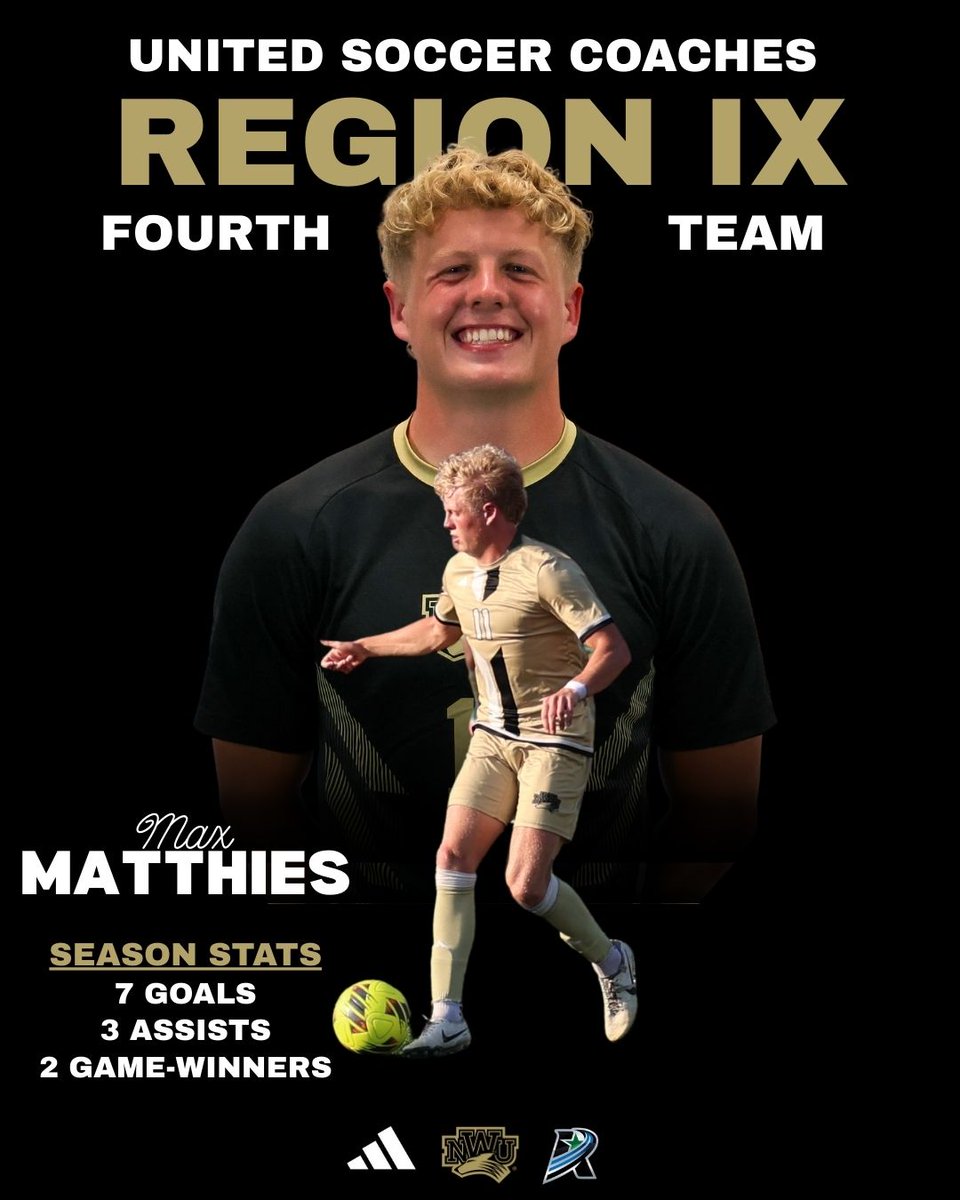 NWUSports's tweet image. Fourth Team All-Region.

Max Matthies earns United Soccer Coaches Region IX honors!

#PWolfNation | #YipYip | #d3msoc | @NWUMensSoccer 

📰: nwusports.com/news/2025/12/2…