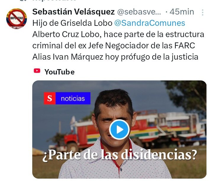 Señora Sandra Ramírez: para recordarle que su hijo, a quien usted crió, hace parte del grupo criminal La Segunda Marquetalia.Mientras usted pretende hablar de paz, su familia sigue  delinquiendo, asesinando desplazando reclutando niños y abusando,la violencia se hereda.. 👇.