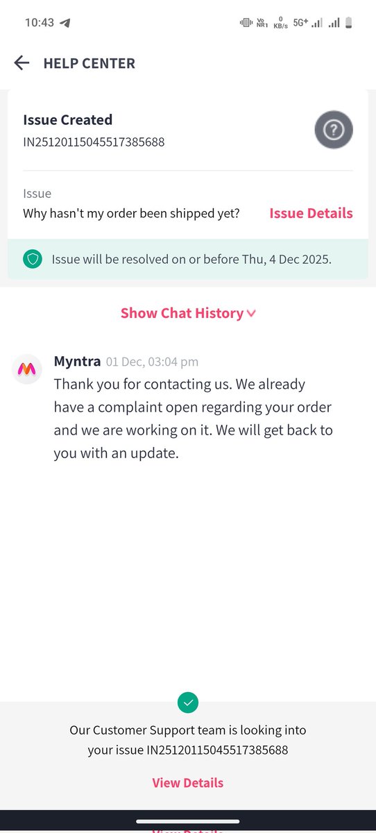 Bishnoi86307792's tweet image. Tracking no: MYSC1234358602
I had created a complaint because my order was supposed to be shipped on 30th November, but it still has not been shipped. Even after raising the issue, I have not received any update or resolution from your side.
@myntra @MyntraSupport 
#Resolution