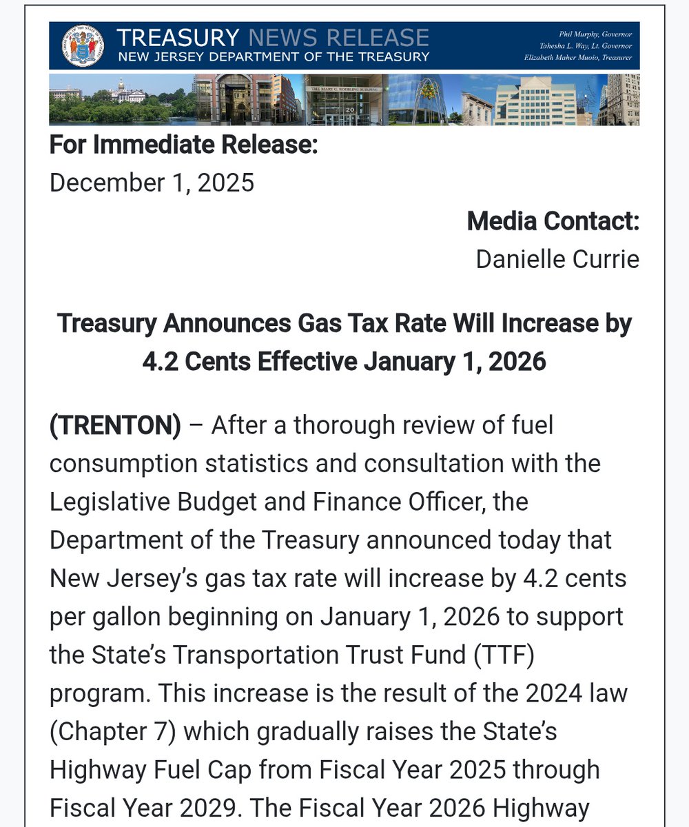 wakeupnj's tweet image. New Jersey Democrats are going to raise your gas tax by ¢4.2 starting January 1st, 2026

All to fund some of the most expensive and worst roads in the country
nj.gov/treasury/news/…