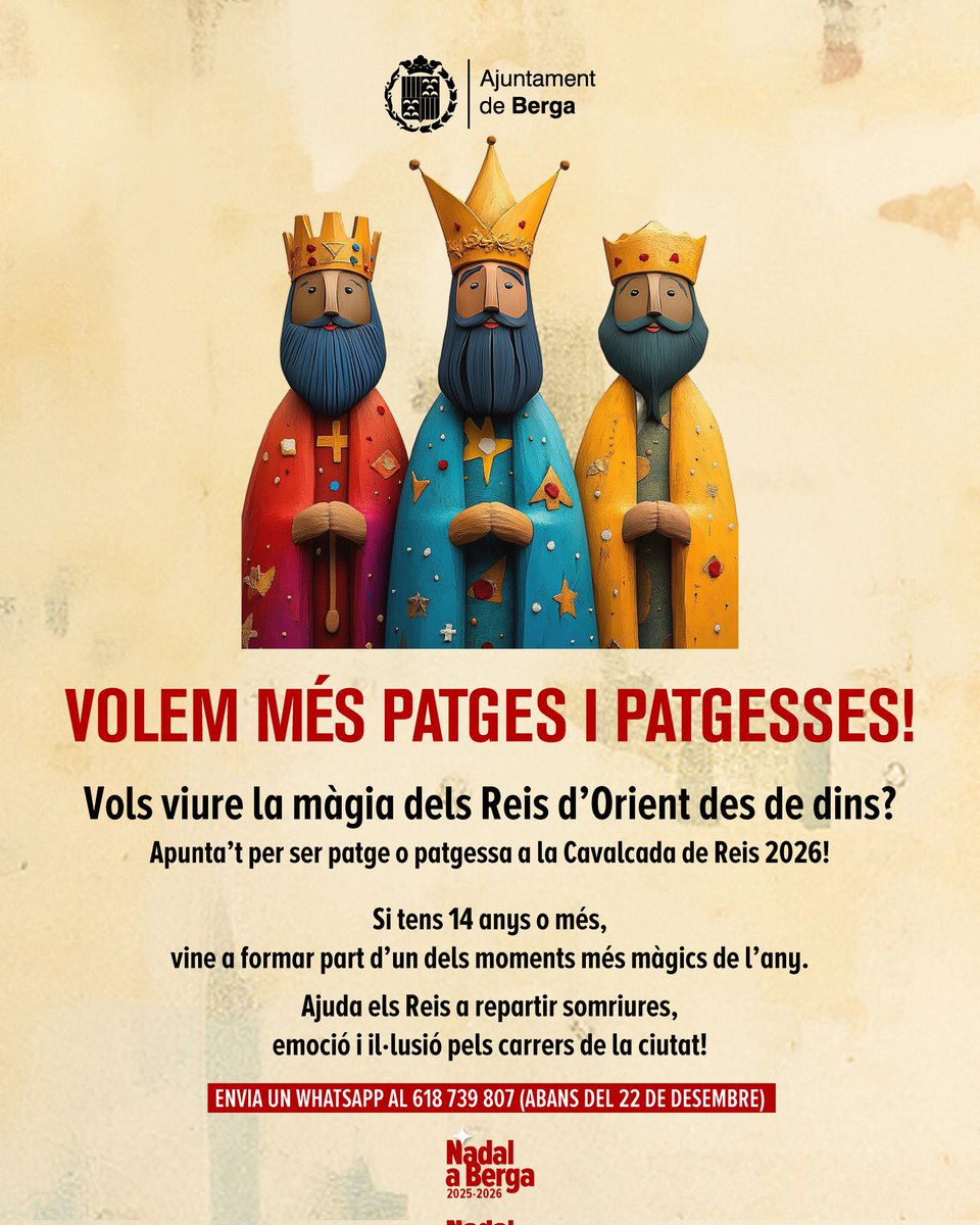 📢 Vols viure la màgia dels Reis d’Orient des de dins? Ajuda'ls a repartir somriures, emoció i il·lusió. 

🎉 Si tens més de 14 anys, uneix-te a la comitiva reial del 5 de gener de 2026. 

📱Envia’ns un missatge de WhatsApp al telèfon 618 739 807 abans del 22 de desembre.