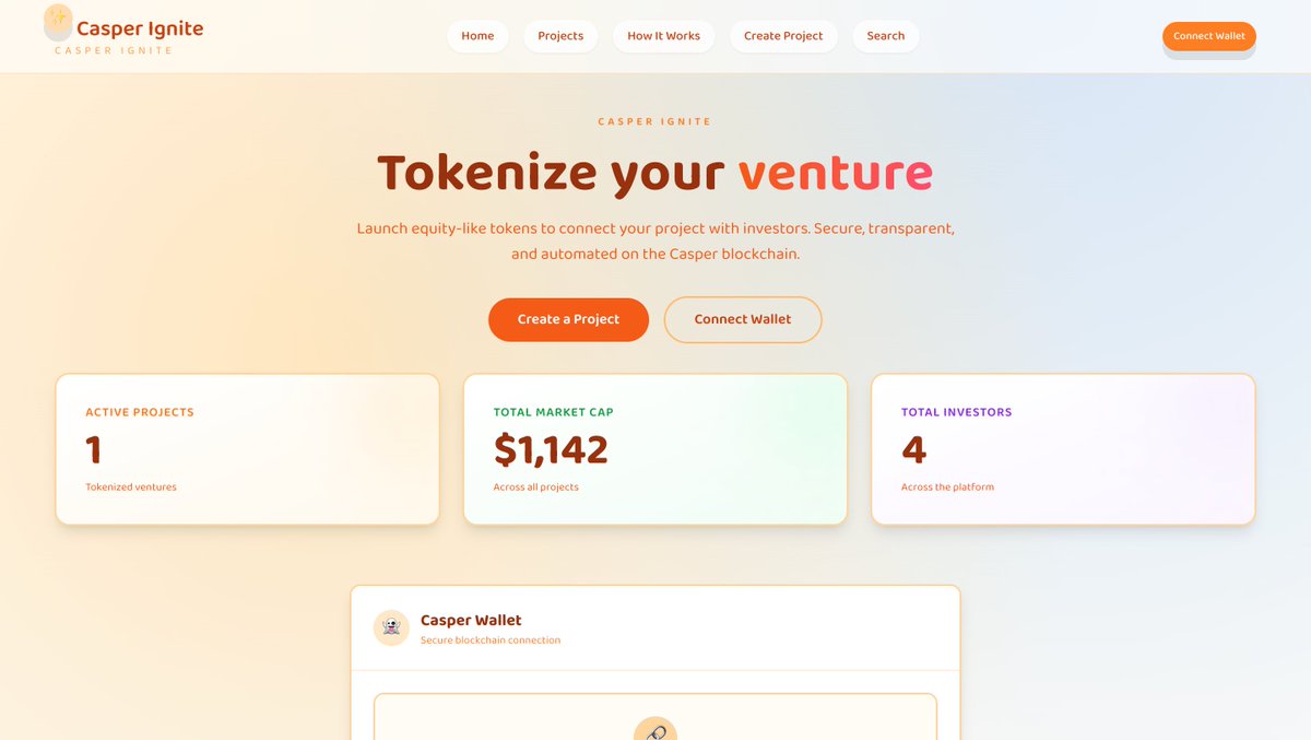 Casper_Network's tweet image. 🔥 #CasperHackathon BUIDL Spotlight: Casper Ignite

It&apos;s a launch/trading hub that turns new projects into tradable Casper tokens. Get built-in liquidity and discover transparent early ventures!

💻 github.com/mertksk/casper…
🌐 casper-ignite.vercel.app
🗳️ t.me/csprfans_bot