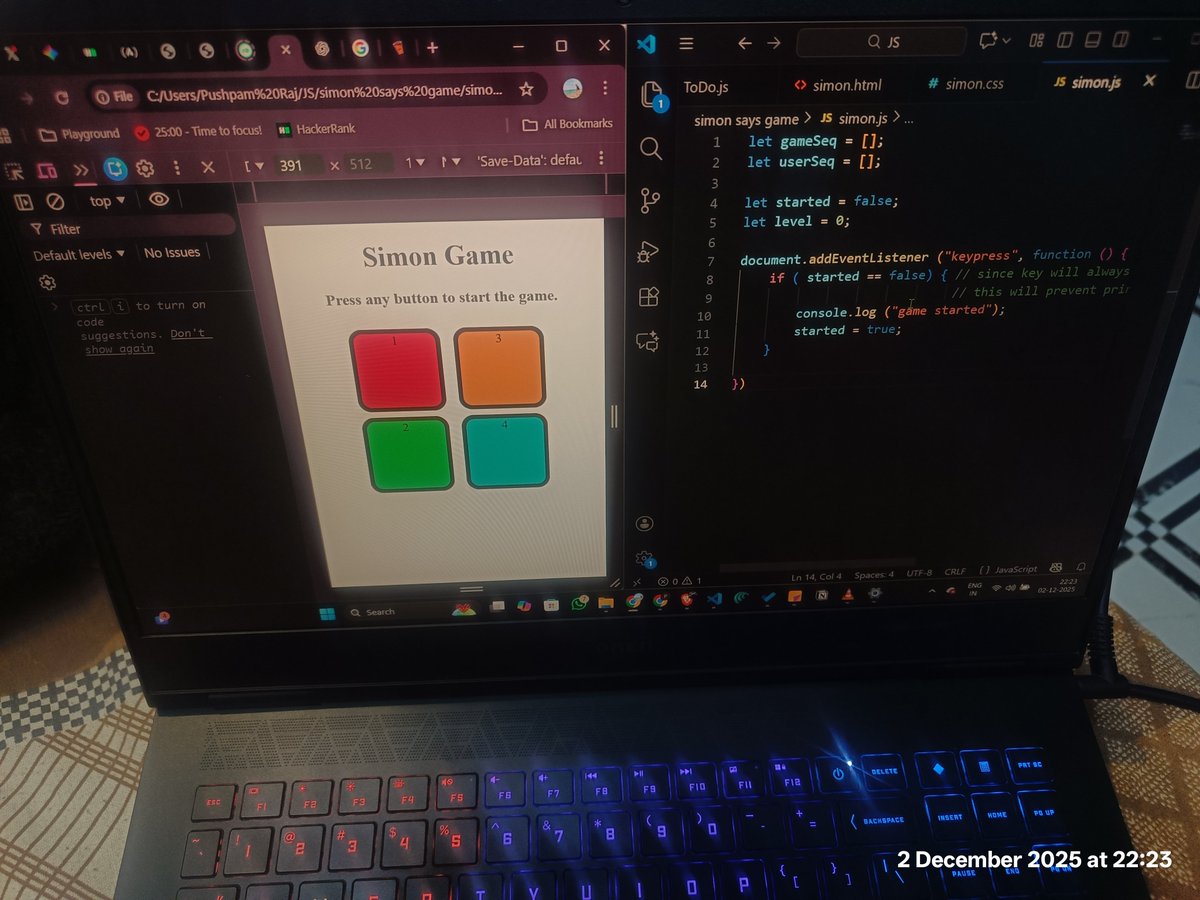growing_phool's tweet image. #Day 59 of #90dayscodingchallenge 
- run + workout done ✅ 
- The simon game is in progress. Added some JavaScript. 
- as a beginner it is becoming tougher now.
Making a balance between a job and learning is tough.
Signing off.
31 days to go.
#WinterArc #WebDevelopment…