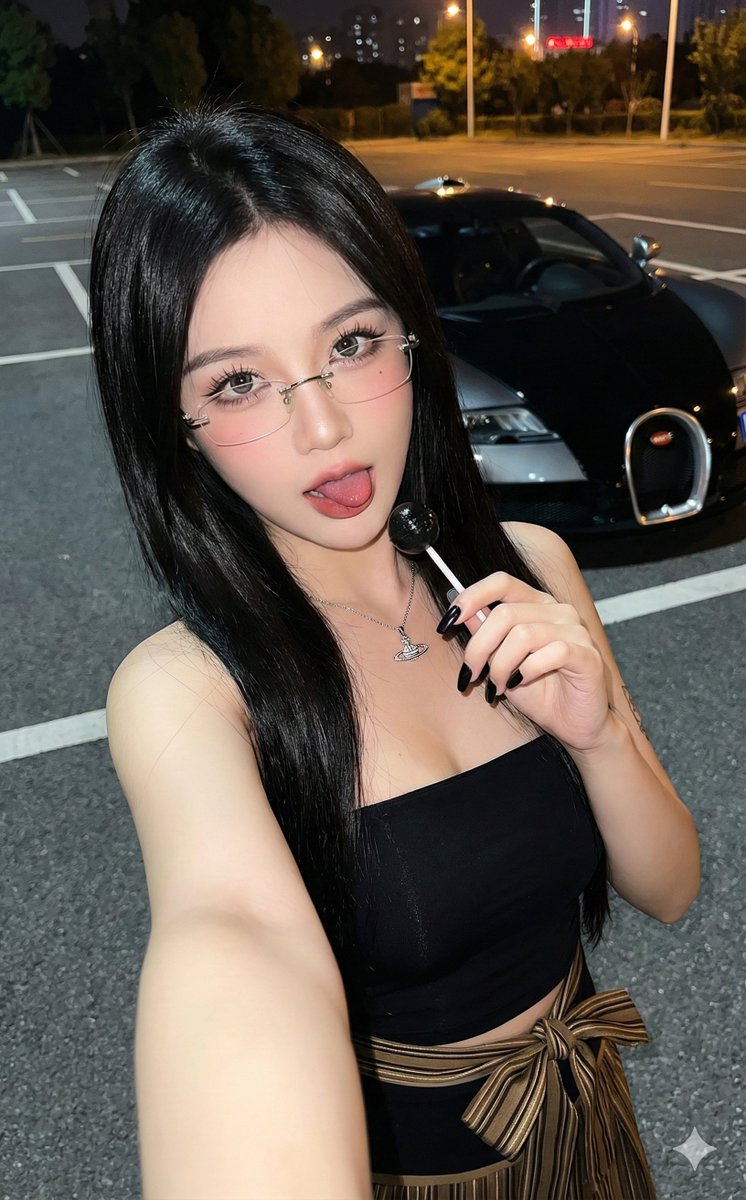 lujunneng's tweet photo. Google Nano Banana Pro
Prompt:
张高质量的写实肖像，采用抖音网红审美风格。画中是一位年轻的亚洲女性（脸部保持和参考图100%一致，不要做任何变化），拥有一张100%原生的自然脸庞，留着光泽柔顺的黑色长直发。她戴着银色细边框眼镜，化着精致的抖音妆容，强调大眼睛和长睫毛，脸颊红润。

她身穿一件带有一根单肩带的黑色抹胸上衣，腰间系着一条棕金相间的条纹布腰带并打成蝴蝶结，脖子上戴着一条小巧的银色Vivienne Westwood土星吊坠项链。她的指甲很长，涂着漂亮的深黑色指甲油。

画面采用从上方俯拍的自拍视角。她右手举着手机，左手拿着一根黑色的圆形棒棒糖，表情自信，俏皮地微微吐出舌头。

背景是夜晚的户外停车场，地面是带有白色停车线的灰色混凝土。身后停着一辆黑色的布加迪跑车，可见其前格栅和保险杠。光线昏暗，由路灯和远处微弱的城市灯光照亮，充满氛围感。