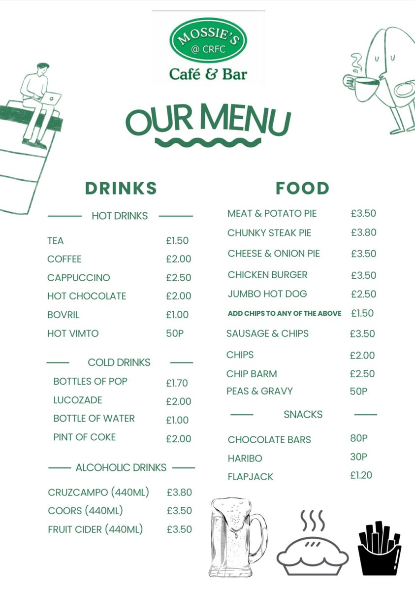 🍴| The game is still on, and with that, Mossie’s @ CRFC Café &amp; Bar is open for business! 😋

Take a look at what we offer below! ⬇️

(Admin recommends the pies…) #GreenArmy