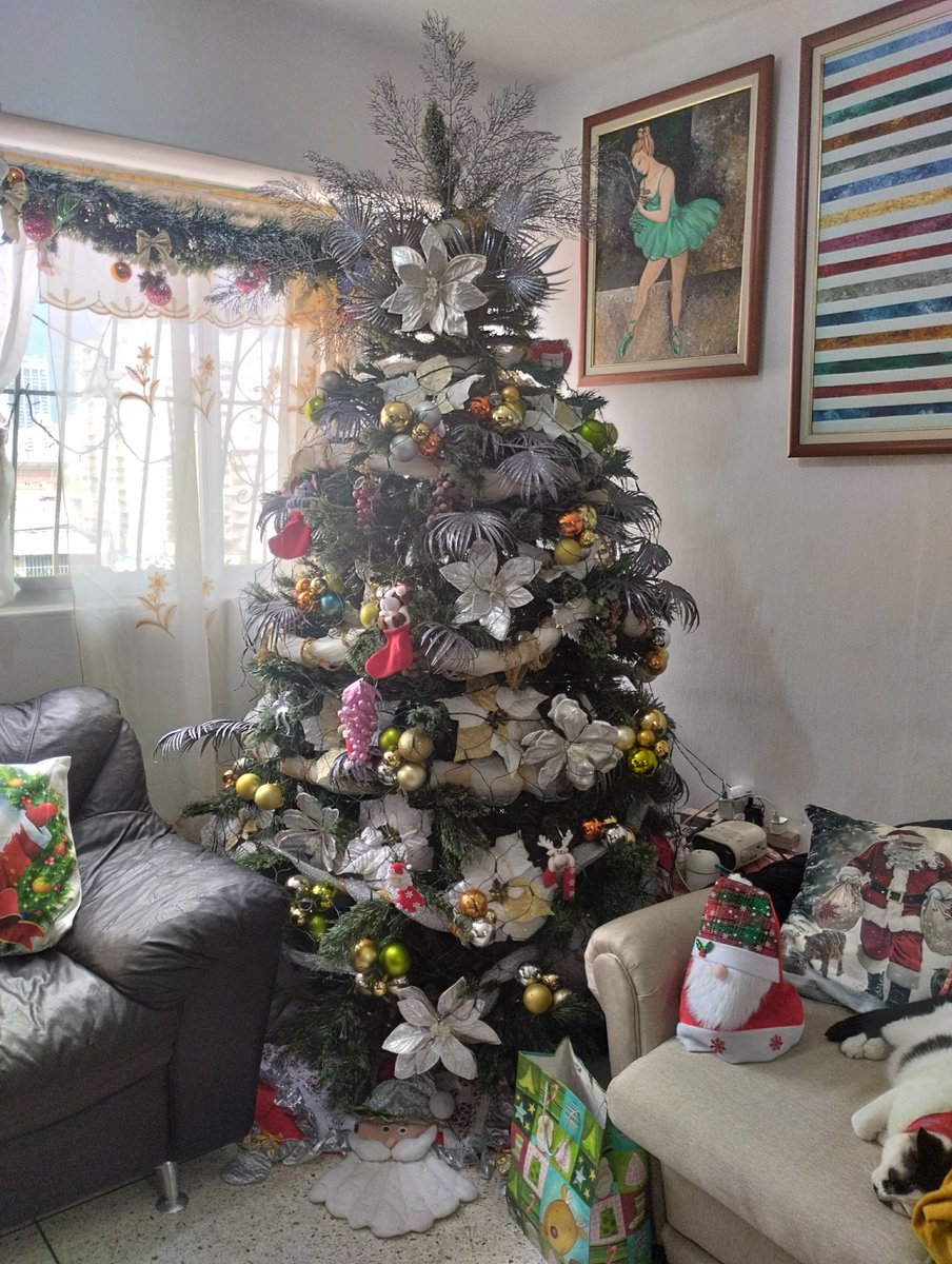 Astridmanzano2's tweet photo. Tenía miedo de poner mi arbolito de Navidad, ya que adopté una linda gatita y no sabía  cómo iba a reaccionar pero gracias a Dios es tranquila y no se mete con mi árbol. Y así quedó mi arbolito con mis dos gatitos tranquilamente en el pié de árbol.🎄😻😸🙏🎁😍🫶 https://t.co/RmzXSNFooH