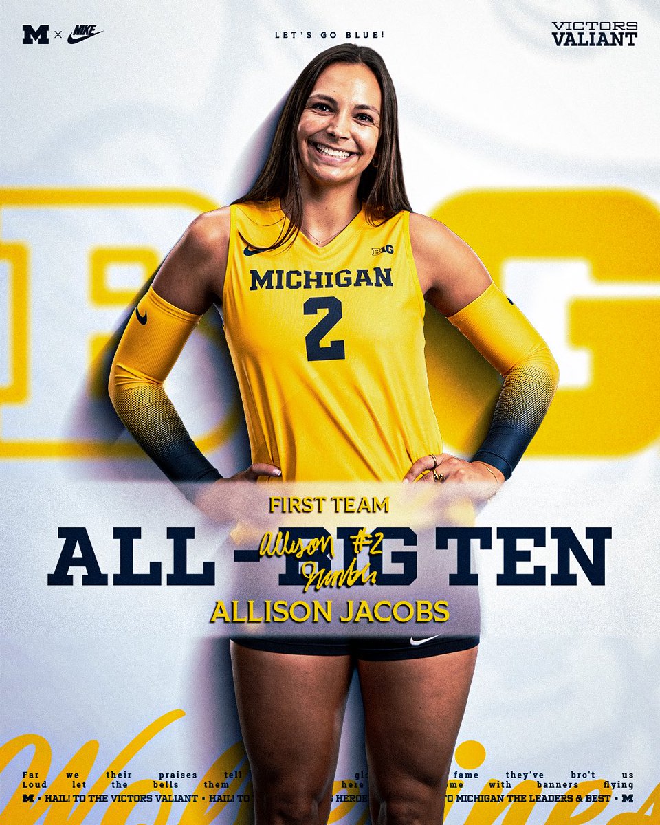 umichvball's tweet photo. 𝐔𝐧𝐚𝐧𝐢𝐦𝐨𝐮𝐬!

Congrats to Allison Jacobs on her unanimous All-Big Ten First Team Selection! 

#GoBlue https://t.co/3eT15wiRDh