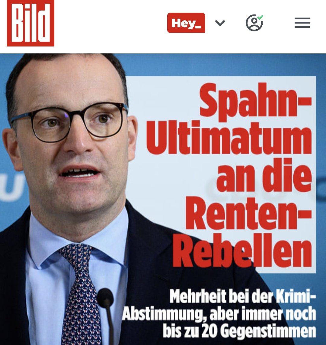 Liebe Renten-Rebellen von <a href="/Junge_Gruppe/">Junge Gruppe</a> und ihren Unterstützern: ALLEIN IHR solltet ein Ultimatum stellen: Nämlich eurem Kanzler Merz, Spahn und allen, die  gegen den gesunden Menschenverstand und gegen Land und Leute regieren!
<a href="/jbvolkmann/">Johannes Volkmann</a> <a href="/johwinkel/">Johannes Winkel</a>