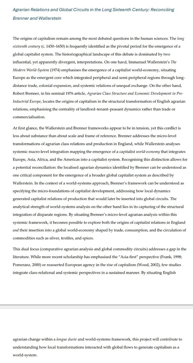 Listening to this and laughing to myself. I am in the process of applying for a post doc position to "reconcile" Brenner and Wallerstein. I am convinced this is a non-debate, but I love that there are still nerds like me in 2025 talking about the Wallerstein-Brenner debate.