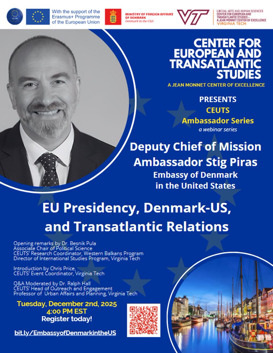 Join us for the next CEUTS Ambassador Series Webinar! We’re honored to welcome Amb. Stig Piras, DCM <a href="/DenmarkinUSA/">Denmark in USA 🇩🇰</a>, @ 4:00 PM today.He’ll share insights on #EU2025DK &amp; perspectives on bilateral transatlantic relations.🇪🇺🇺🇸🇩🇰
📌 RSVP: tinyurl.com/3j4z8my4
<a href="/ceuttss/">CEUTS</a> <a href="/virginia_tech/">Virginia Tech</a>