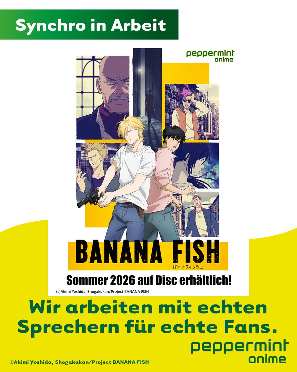 Update: menschliche Synchro in Arbeit für BANANA FISH. 👬👫👭🧑‍🤝‍🧑

Mit unserem hauseigenen NPC Media Studio (powered by peppermint anime) arbeiten wir gerade an der Synchronfassung für Banana Fish.
1/3