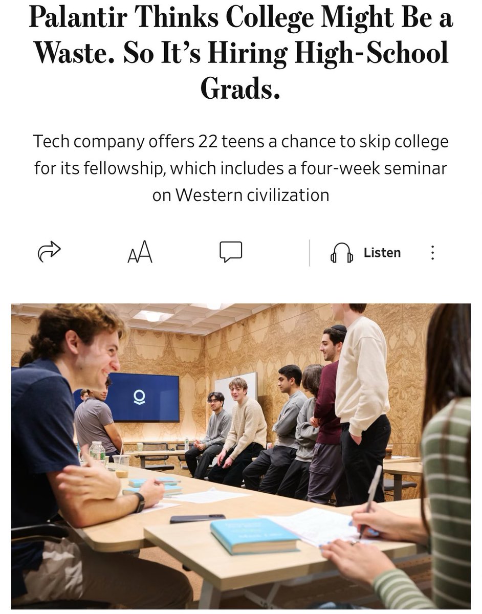 CultureExploreX's tweet image. What happens to a society when its smartest teenagers decide college isn’t worth the time and companies start agreeing with them?

Palantir just tried something most people thought was unthinkable. It told high school students to skip college, walk past the gatekeepers, and start…