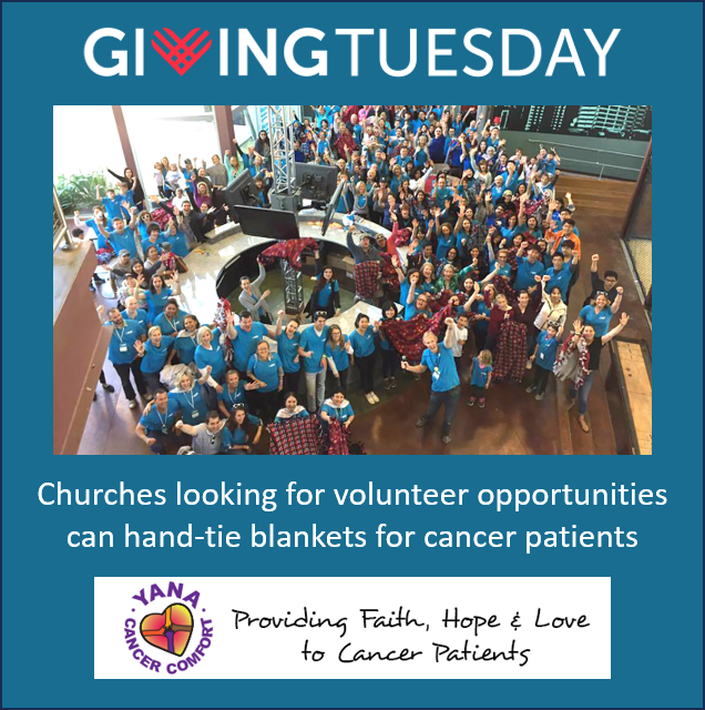 YANAcancer's tweet photo. Churches looking for volunteer opportunities can hand-tie blankets for cancer patients to let them know "You Are Not Alone". https://t.co/x6JzCwvySr

Join other compassionate churches like Saddleback Church, Mariners Church, Cornerstone, and Southcoast Christian. #GivingTuesday https://t.co/VTLODgHBkj