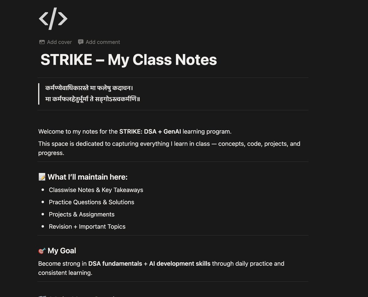 aadarshm24's tweet image. 📅 STRIKE – Day 2
Thank you @rohit bhaiya 
Learned: Operators, If-Else, Switch &amp;amp; Loops in C++
Added my own modifications to the notes too ✌️
Repo 👇
➡️ github.com/aadarshm24/STR…
#STRIKE #CoderArmy #CPP #Day2
