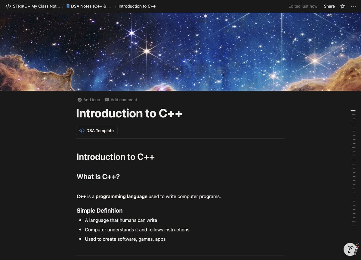 aadarshm24's tweet image. 📅 STRIKE – Day 2
Thank you @rohit bhaiya 
Learned: Operators, If-Else, Switch &amp;amp; Loops in C++
Added my own modifications to the notes too ✌️
Repo 👇
➡️ github.com/aadarshm24/STR…
#STRIKE #CoderArmy #CPP #Day2