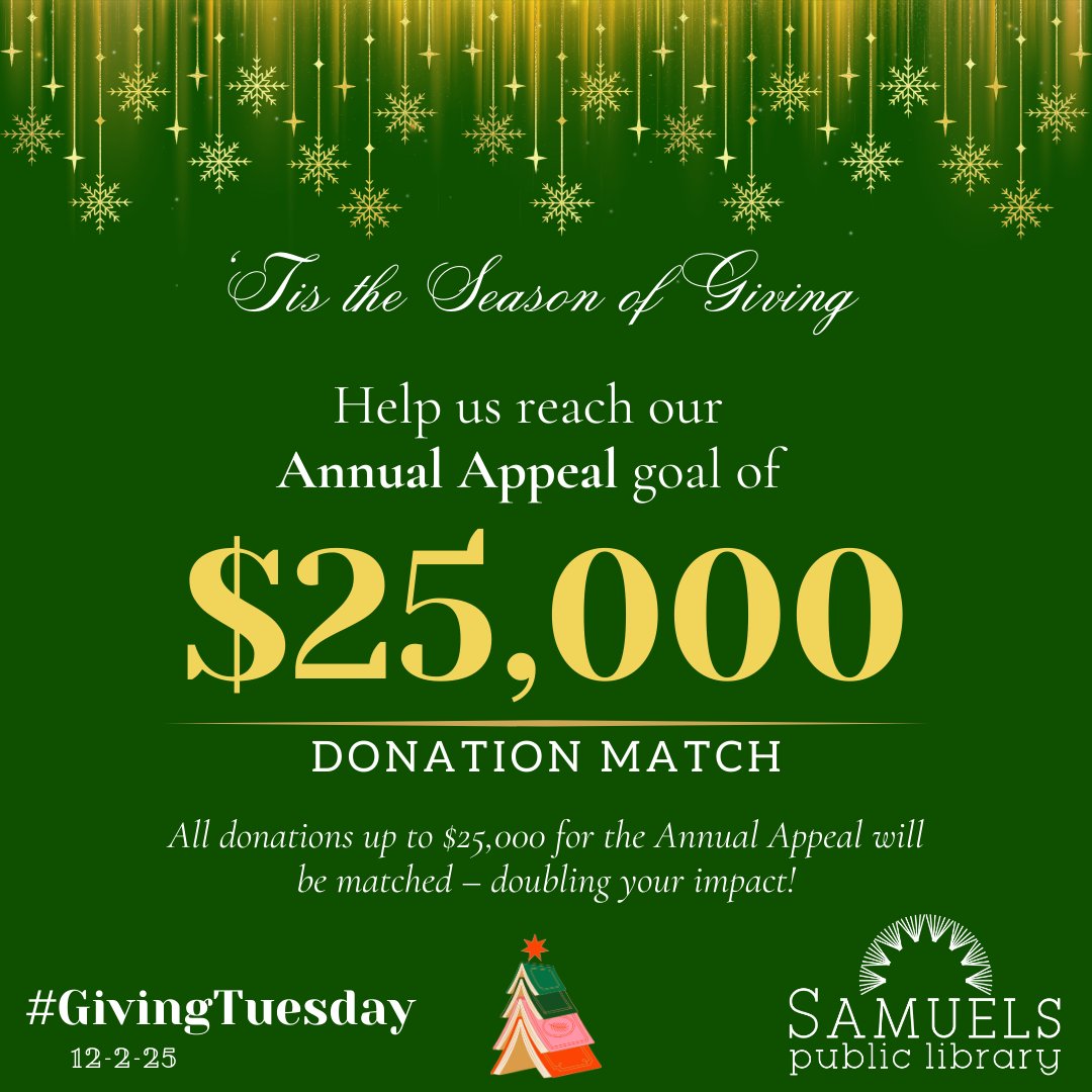 Today is #GivingTuesday!🎁

Donate today for Giving Tuesday, or in December to double the impact of your gift thanks to a generous donor who has provided a match of up to $25,000 for our Annual Appeal.

 #SamuelsLibrary #NonprofitSupport #GivingSeason