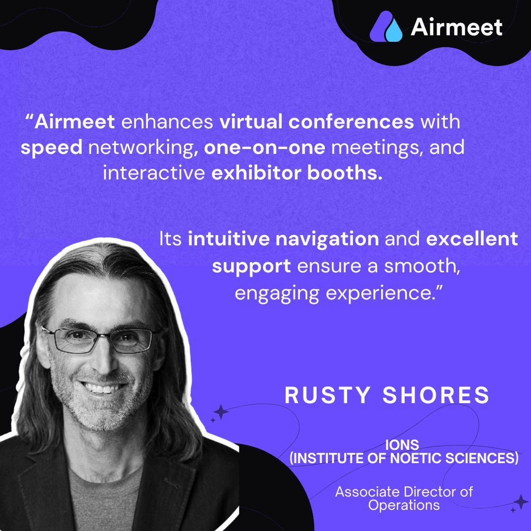 Airmeet's tweet image. ⚡Rusty Shores from IONS says Airmeet makes virtual conferences seamless — from speed networking to interactive booths.

Intuitive UX + stellar support = a smooth, engaging event every time.

#VirtualEvents #CustomerVoice #Airmeet