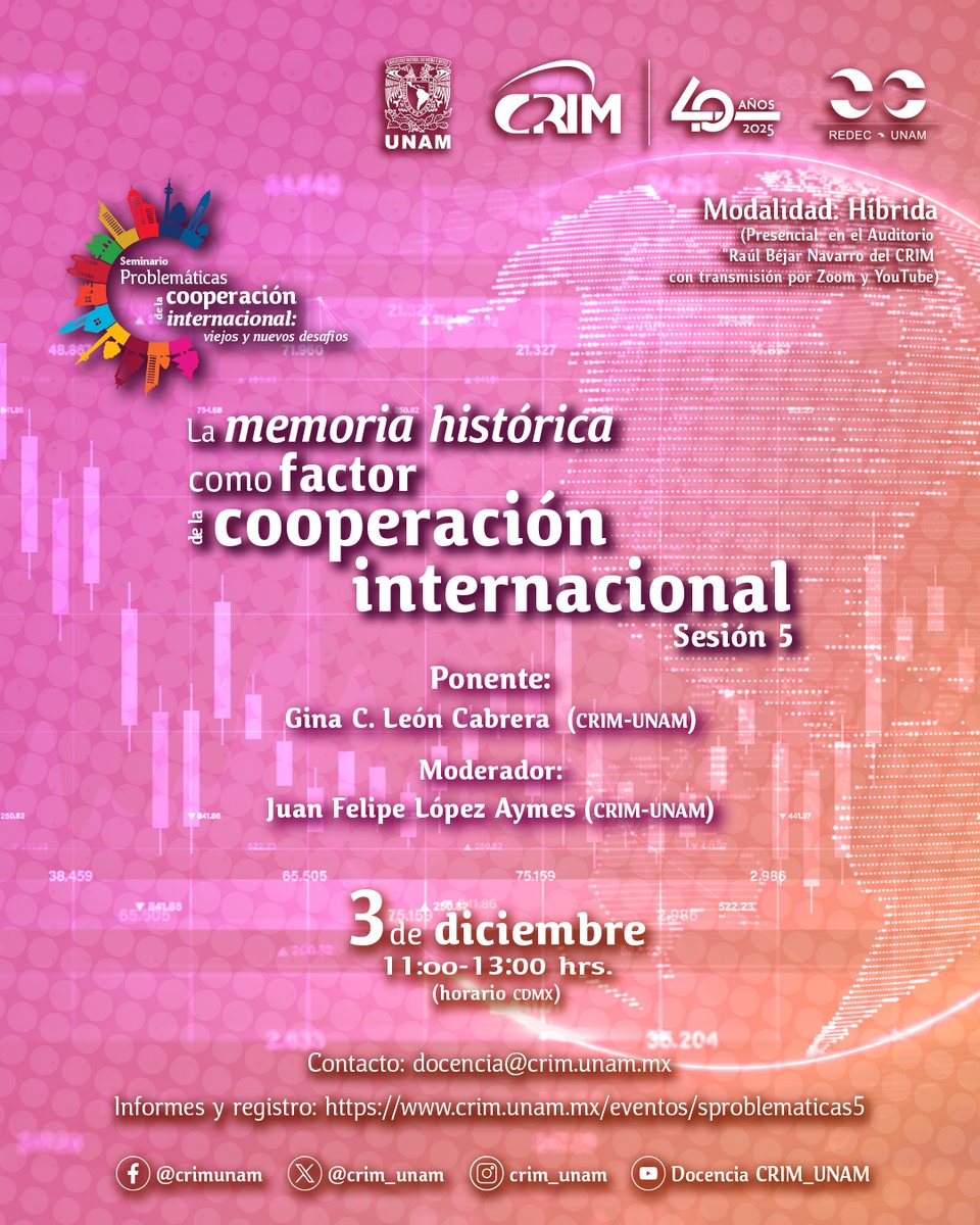 ¿Qué papel juegan la sociedad civil y los gobiernos en la solución de conflictos históricos? ¡Descúbrelo en esta conferencia del <a href="/crim_unam/">crim_unam</a>!
🗓️ 3 de diciembre, 11:00 horas.
📍 Aula de Docencia del #CRIM.
🔴 #EnVivo por: youtu.be/mRbbdKBqxoA