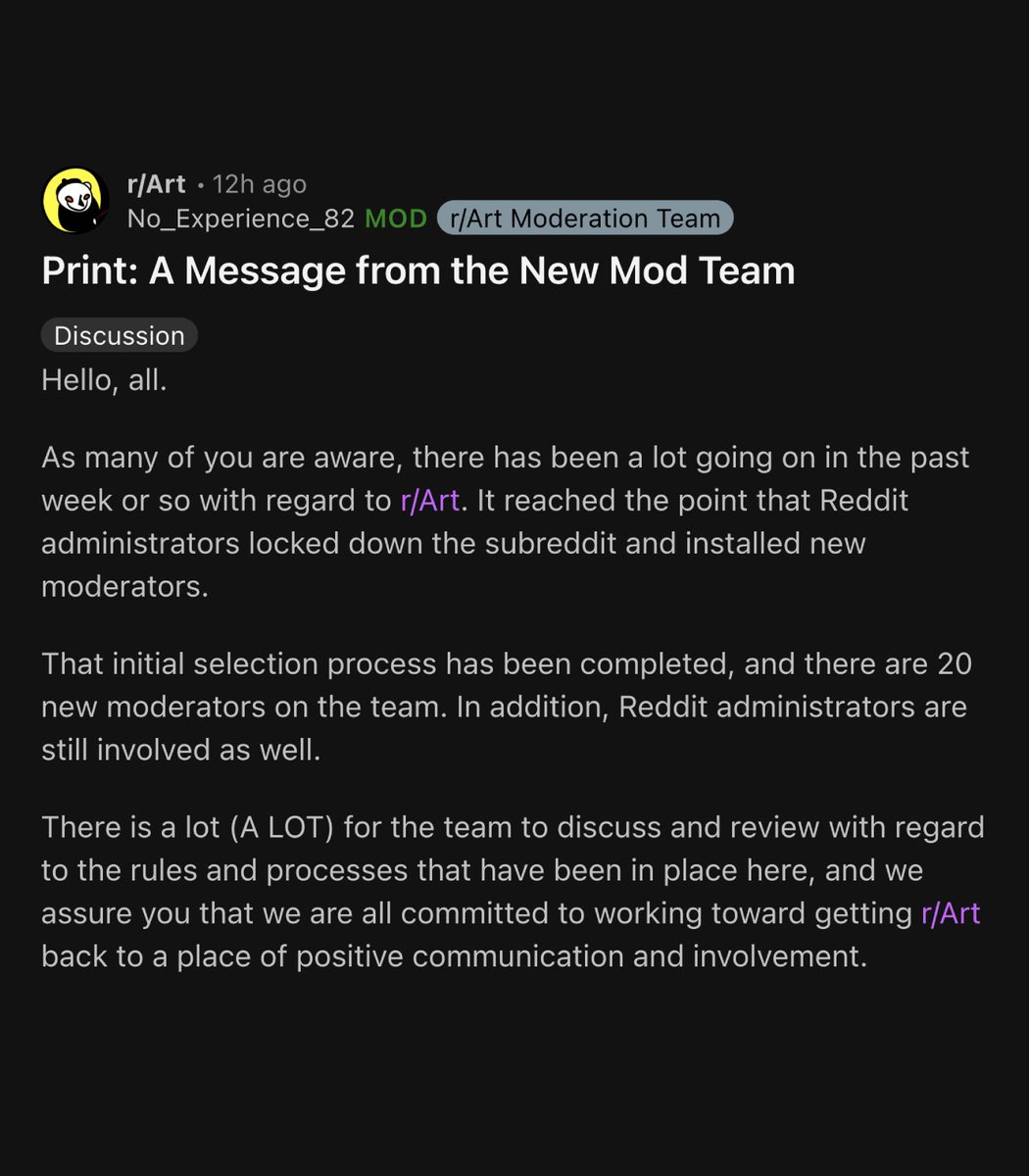 Dexerto's tweet image. r/Art has announced a new 20-person moderation team, and artist Hayden Clay has been unbanned

&quot;We have overturned A LOT of unfair bans (over 300) and plan to overturn all, so please reach out if you need one removed&quot;