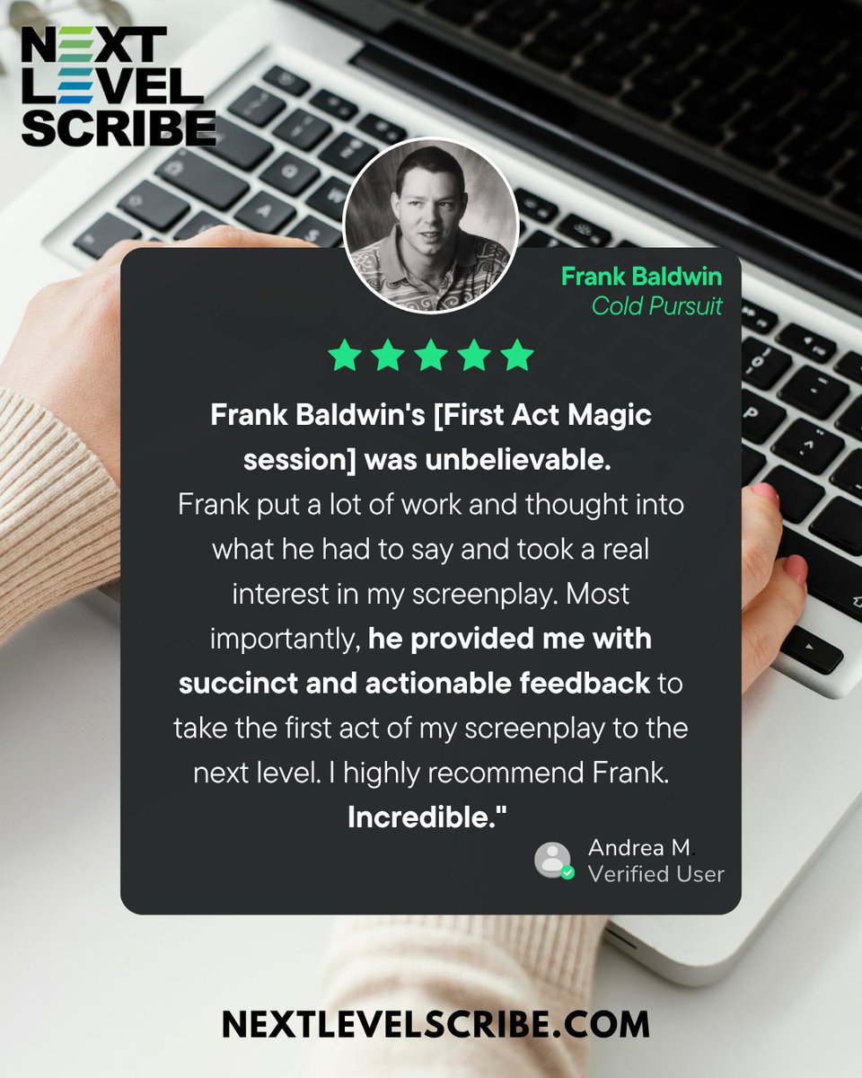 When their feedback clicks — and suddenly your script does too.

Frank Baldwin ("Cold Pursuit," "Your Honor") gives insights that sharpen your first act and elevate your writing to a pro level.

👉 NextLevelScribe.com