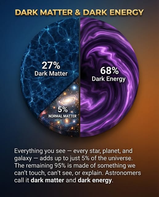 Rainmaker1973's tweet image. More than 95 % of the universe is completely invisible to us and defies everything we thought we knew about physics.

All the stars, planets, galaxies, black holes, and glowing nebulae we’ve ever observed—the entire visible cosmos—account for a mere 5 % of reality.

The other 95…