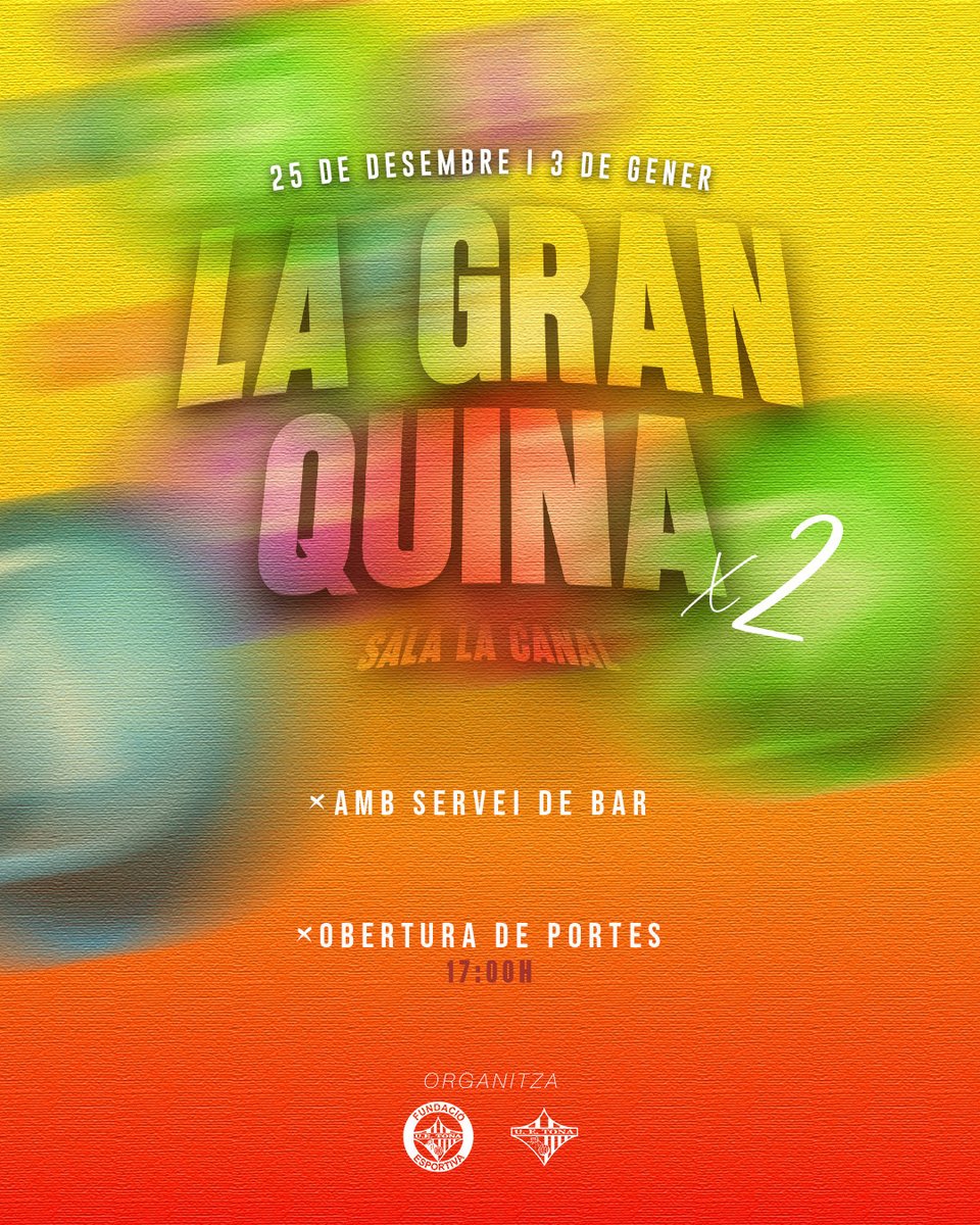 🎁 𝐿𝑎 𝐺𝑟𝑎𝑛 𝑄𝑢𝑖𝑛𝑎 𝘅𝟮 🎁

🥰 Torna Nadal… I torna 𝐥𝐚 𝐐𝐮𝐢𝐧𝐚.

Dues dates.
𝟐𝟓.𝟏𝟐  || 𝟎𝟑.𝟎𝟏 🎯

🥳 Tardes divertides, molts premis i sorpreses!

#SomHiTona 🟡🔴