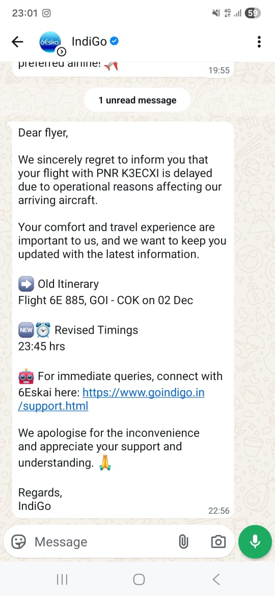 vidhivora's tweet photo. @IndiGo6E @narendramodi @TourismGoa @chinti19 For the 9 pm flight, we are getting an update at 10:56 pm and all you have to say is sorry?? And how is your simple help with our further travel plans? https://t.co/b6rILa9GjV