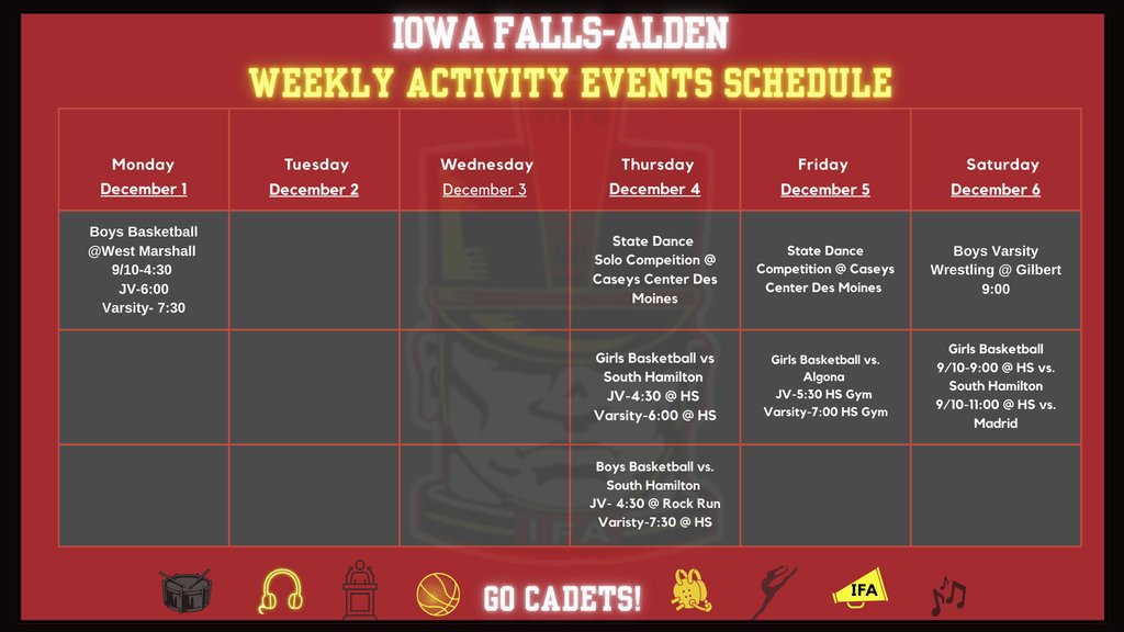 Be sure to come out and support our Girls and Boys Basketball teams at home this week! 🏀
Good luck to the Dance Team as they head to State—go show what Cadets can do! 💃✨  Shoutout to our Boys Wrestlers as they kick off their season with their first meet on Saturday! 🤼‍♂️