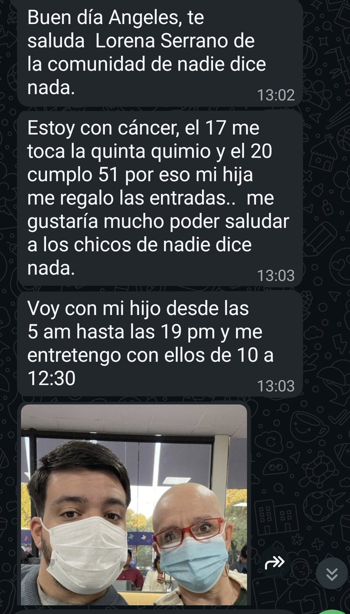 Lorena, quien lucha contra el cáncer, nos emocionó al contarnos que su hija le regaló entradas para ver a <a href="/nadiedicenada_/">NADIE DICE NADA</a>

Ayúdennos a que Lore pueda saludar a los chicos y agradecerles en persona por ser su compañía durante la quimio. ¡Se merece esa foto! 🫂

#nadiedicenada