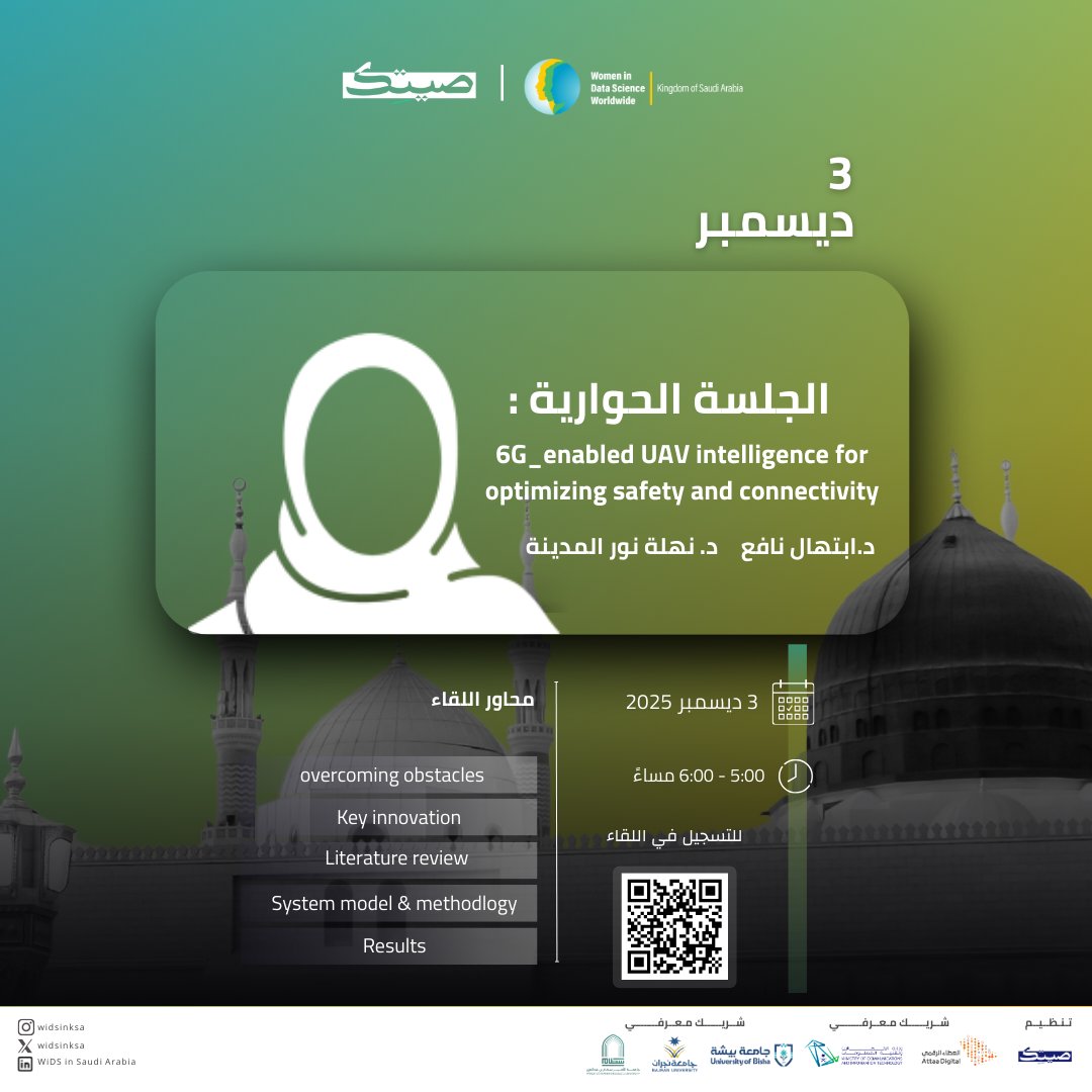 تُقدمان د.ابتهال نافع و د.نهلة نور المدينة  لقاء يكشف 6G_enabled UAV intelligence for optimizing safety and connectivity  
#ملتقى_المرأة_في_علم_البيانات 
#WiDSinKSA
الأربعاء | 3 ديسمبر  
 5:00 – 6:00 مساءً للتسجيل: webinar.attaa.sa/view/1311