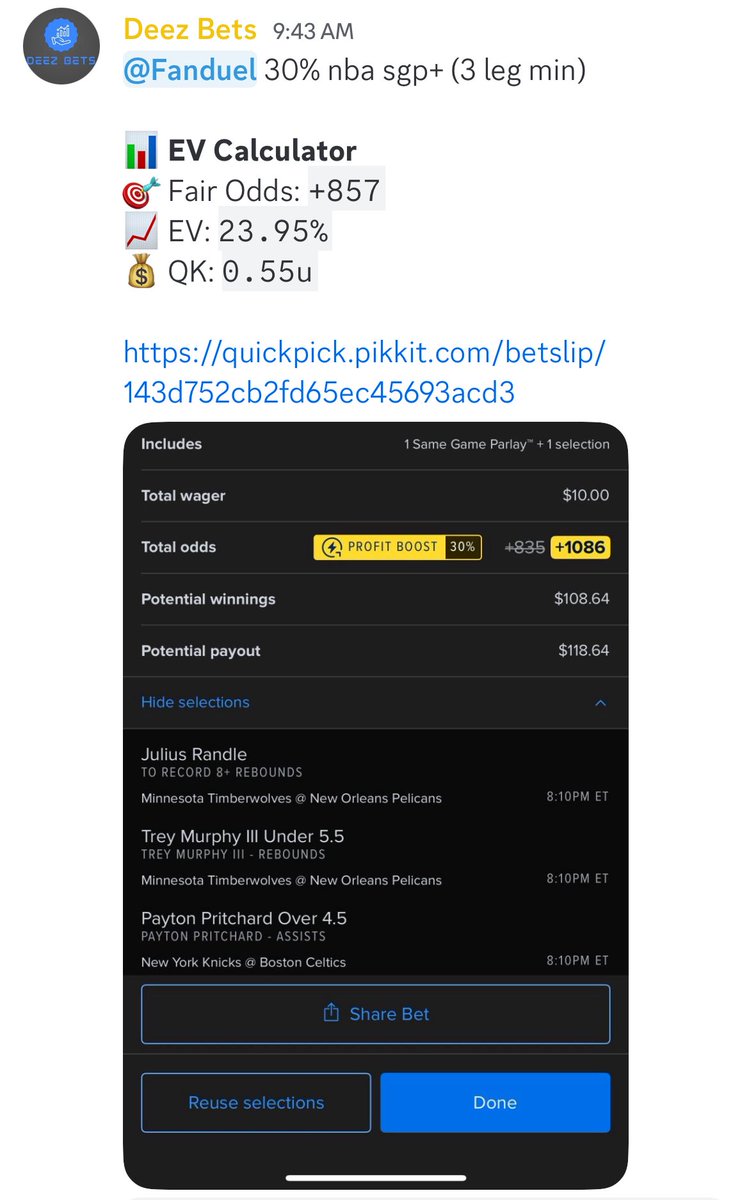 .@DeezBets_BO has eyes on the hard court today. 

Want in? Tap in! 

quickpick.pikkit.com/betslip/143d75…

Get into the EV Mafia Discord for more exclusive #EVPlays. 

sharpduel.com/evmafia?ref=8b…