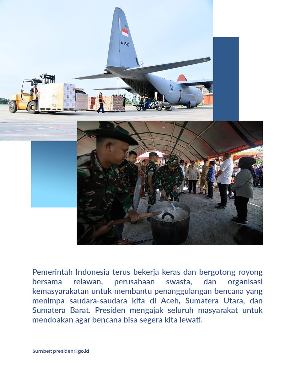 Pemerintah menindaklanjuti bencana di Aceh, Sumut, dan Sumbar dengan instruksi Presiden untuk percepatan evakuasi, distribusi bantuan, dan pemulihan. Pesawat Hercules, A-400, helikopter, serta armada darat-laut dikerahkan untuk menjangkau wilayah terdampak. 🇮🇩

#PenangananBencana