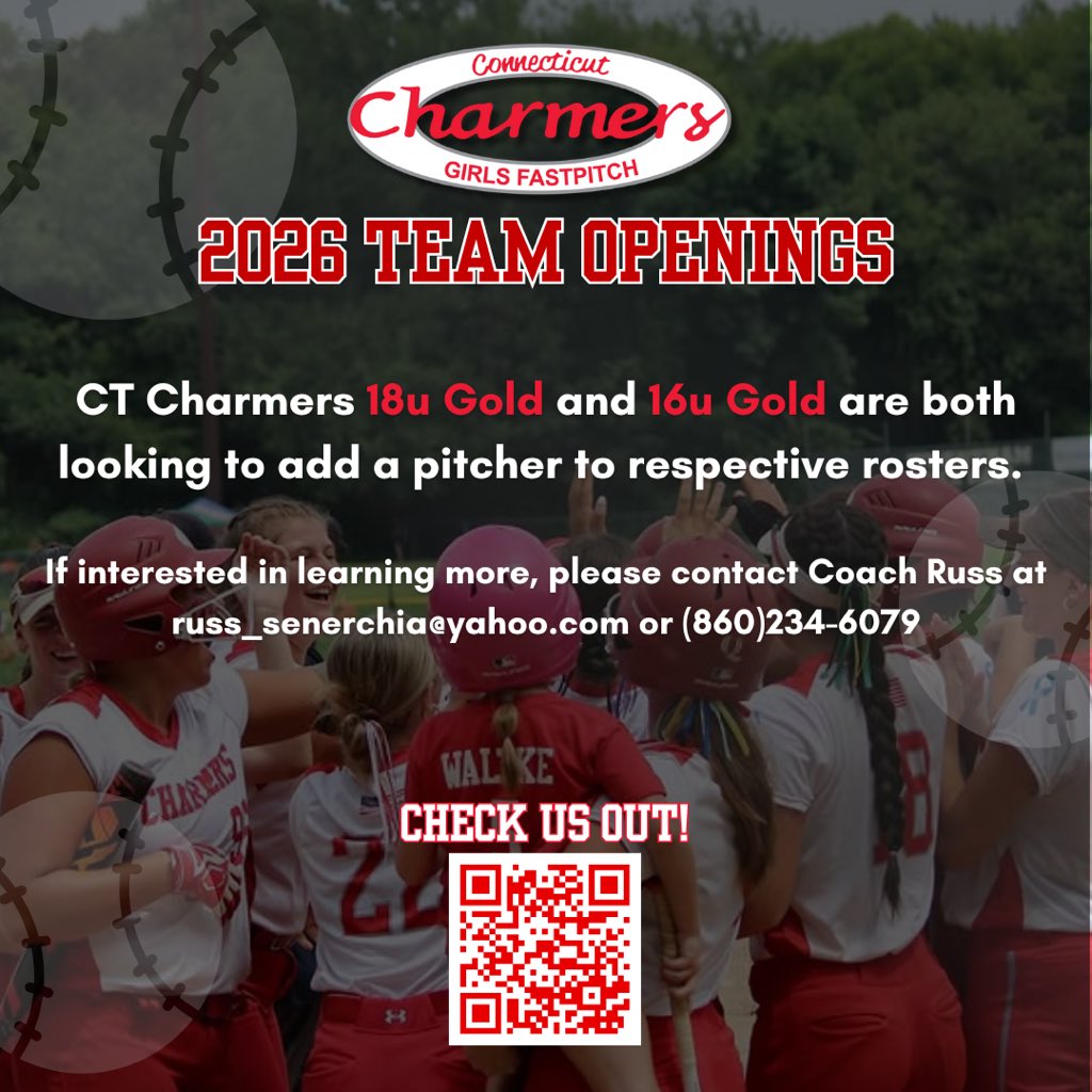 The Connecticut Charmers are looking to add to the pitching staff for both 18u and 16u Gold this upcoming season. Winter workouts start in January and both teams play a competitive showcase schedule!