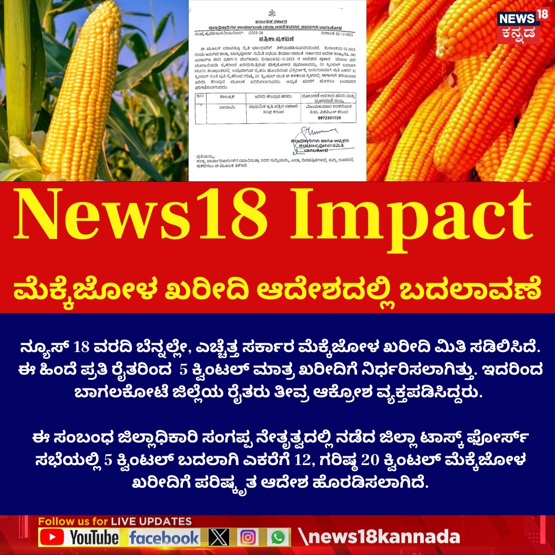 News18Kannada's tweet photo. News18 Impact | ಮೆಕ್ಕೆಜೋಳ ಖರೀದಿ ಆದೇಶದಲ್ಲಿ ಬದಲಾವಣೆ
#News18Kannada #News18Impact #bagalkot #CornCrop https://t.co/Hhp8SZz4AV