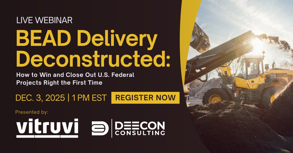 VitruviSoftware's tweet photo. BEAD delivery is simple. Until it is not.

That is why we teamed up with Deecon Consulting.

Together we will break down the steps that keep BEAD projects controlled, documented, and approved with confidence.

👉 https://t.co/PWZnglq25Z

#BEAD #FederalFunding #BroadbandEquity https://t.co/kezENQ5FZq
