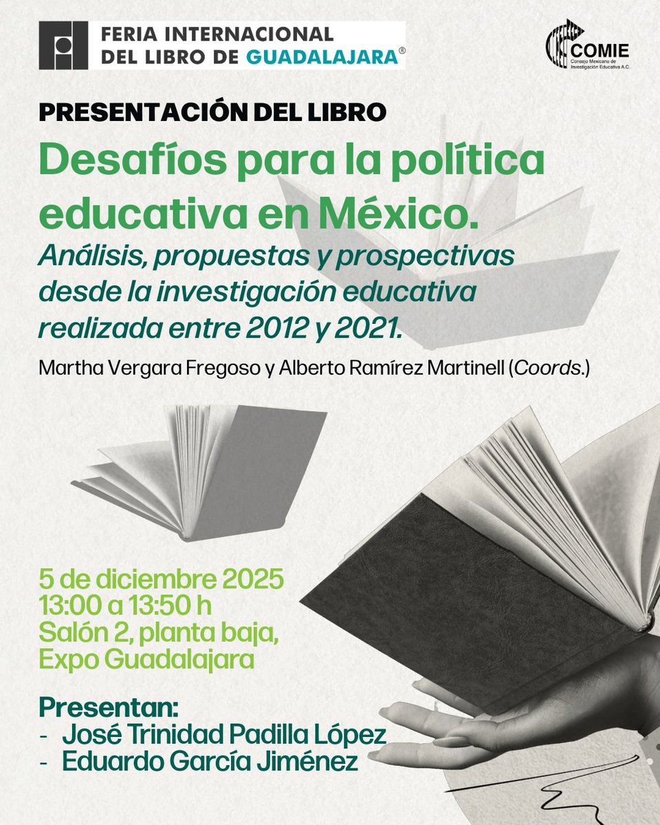 comiemx's tweet photo. Participación del #COMIE en la #FILGuadalajara 2025.
Presentación del libro: Desafíos para la política educativa en México. Análisis, propuestas y prospectivas desde la investigación educativa realizada entre 2012 y 2021.
🗓️5 de dic, 13:00 a 13:50 h.
📍Salón 2, planta baja. https://t.co/OrIat0cKS1