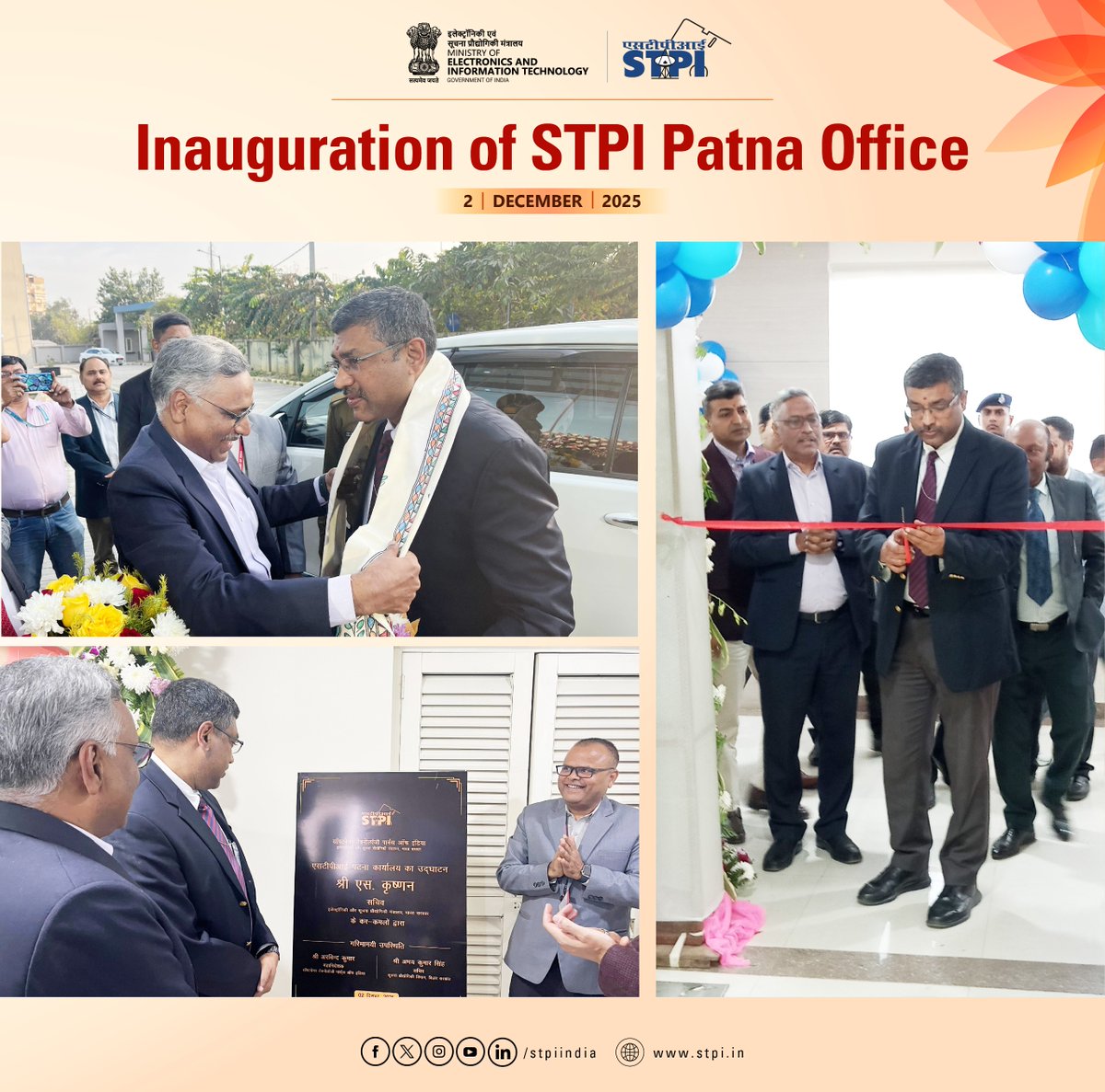 stpiindia's tweet image. Secretary, MeitY, Shri S. Krishnan, today inaugurated the new STPI Patna office in the gracious presence of DG, STPI, Shri Arvind Kumar, and IT Secretary, Government of Bihar, Shri Abhay Kumar Singh.

This office will empower startups, strengthen IT growth, and accelerate the…