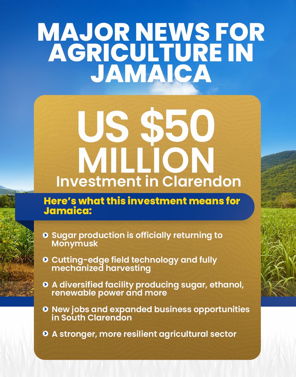 MAJOR NEWS FOR AGRICULTURE IN JAMAICA 🇯🇲

Sugar is back at Monymusk!

A US$50M investment by Tropical Sugar Company Limited will drive modern farming, new jobs, and a stronger, more resilient agricultural sector in South Clarendon!