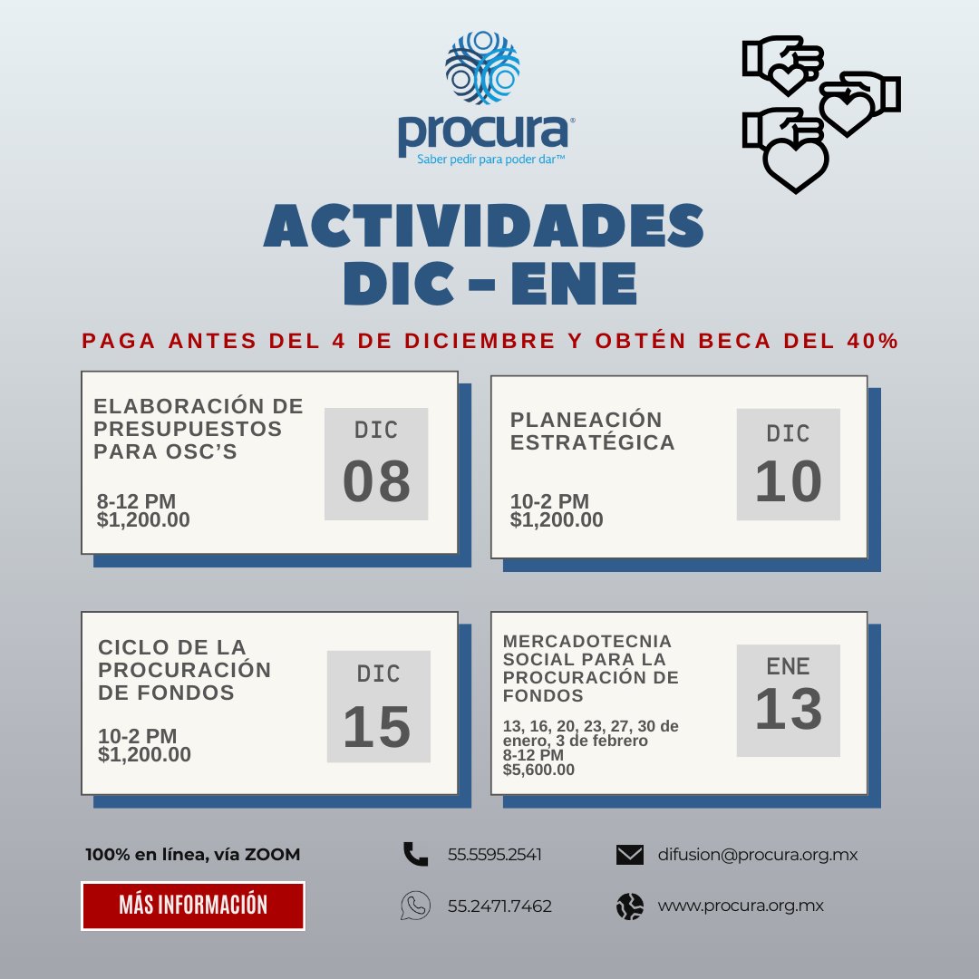 𝐁𝐄𝐂𝐀 𝐝𝐞𝐥 4𝟎% - 100% en línea. vía ZOOM

Informes e inscripciones:
55.2417.7462| difusion@procura.org.mx