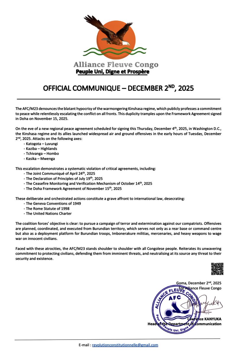 COMMUNIQUÉ OFFICIEL DE L’ALLIANCE FLEUVE CONGO/MOUVEMENT DU 23 MARS (AFC/M23) DU 2 DÉCEMBRE 2025 ⤵️
