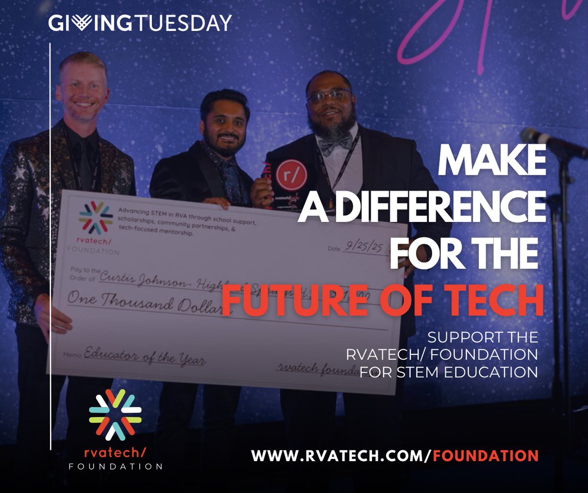 This Giving Tuesday, support homegrown tech talent in RVA. Your tax-deductible gift fuels rvatech/ Foundation scholarships and strengthens local tech educators. We’ve awarded $7,000 in 2025 and are ready to do more. Help grow Richmond’s tech future today. rvatech.com/foundation