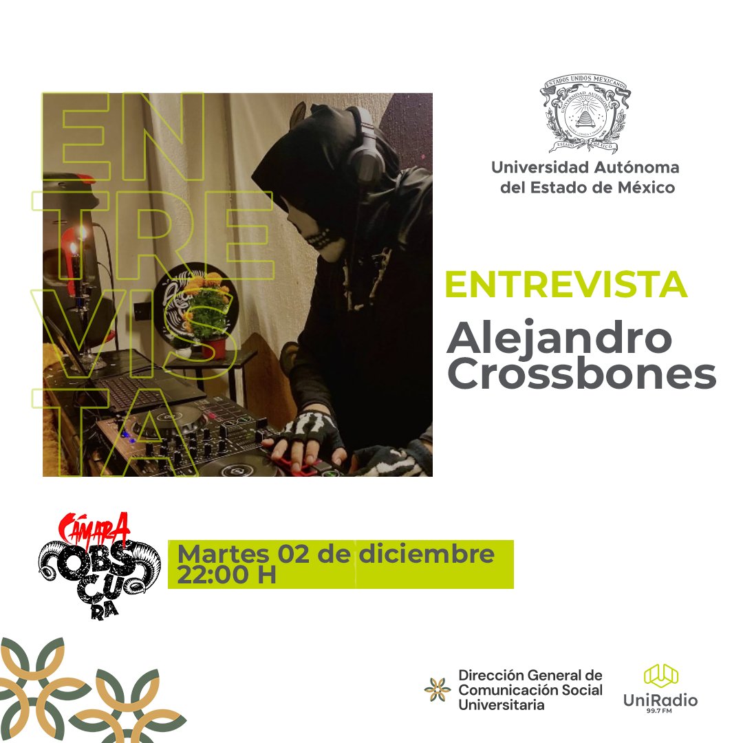 Hoy en Frasco de Polillas, Nereida Espiral platicará con Alejandro Crossbones, artista que explora paisajes sonoros experimentales. 🔥 
Sintoniza Música para la Cámara Obscura con <a href="/santiago_crane/">Santiago Crane</a>, este martes 02 de diciembre a las 22 H por UniRadio 99.7 FM.

#Reimagina #UniRadio